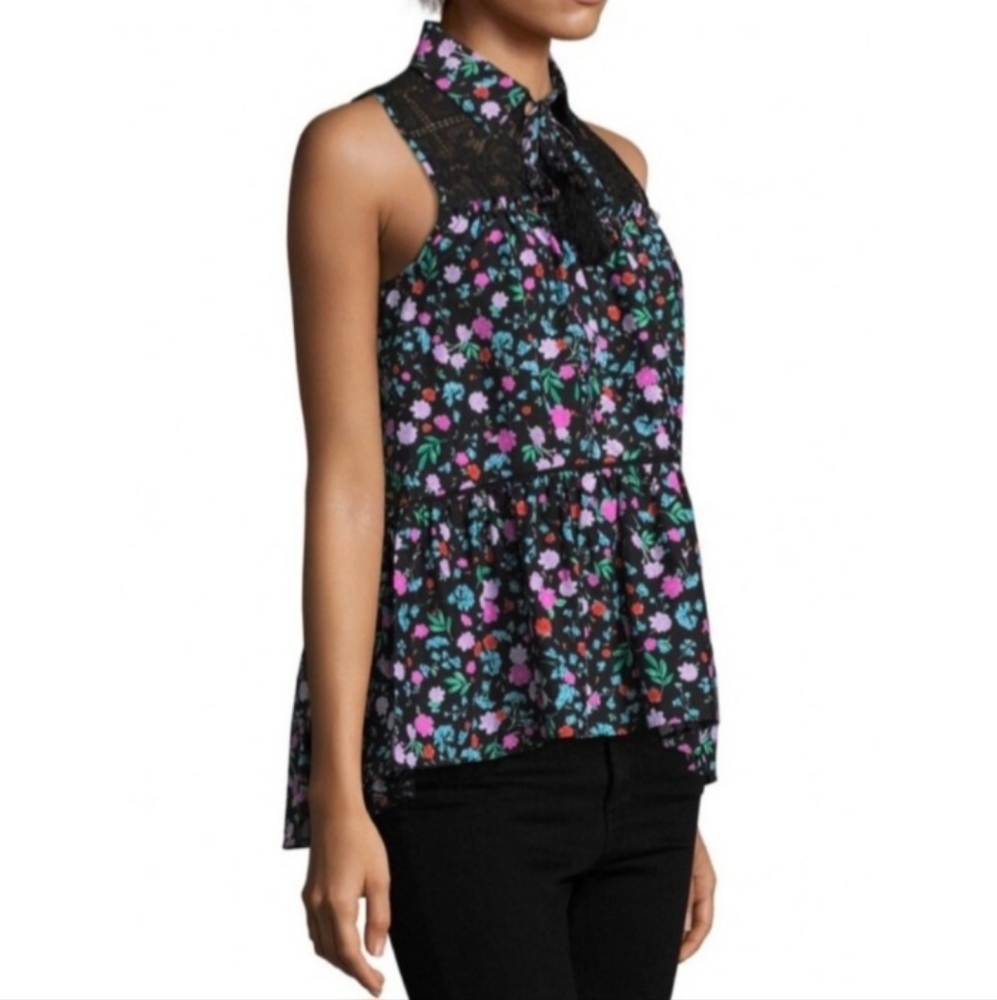 Kate Spade Green Floral Top Blouse Size XS Sleeveless Greenhouse Lace Yoke